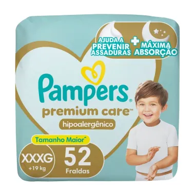 Fralda Pampers Premium Care Jumbo Tamanho XXXG 52 Unidades Descartáveis
