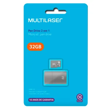 Pen Drive Multilaser 2 em 1 Leitor USB e Cartão de Memória 32GB Classe 10 Preto MC163