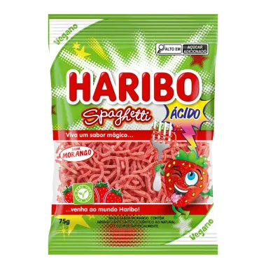 Balas Haribo Spaghetti Vegana Sabor Morango Ácido 75g_1