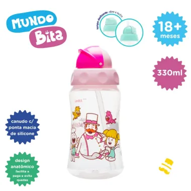 Copo Lolly Kinddy Mundo Bita com Canudo cor Rosa 330ml