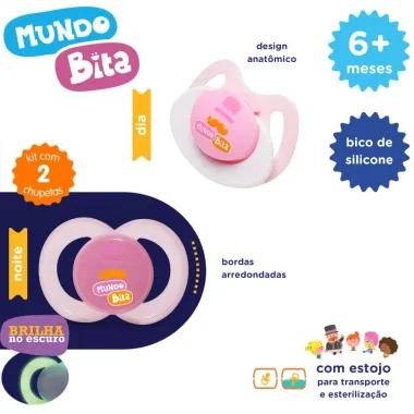 Chupeta Lolly Mundo Bita Silicone Dia e Noite Tamanho 2 6+ Meses Brilha no Escuro Rosa 2 Unidades