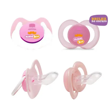 Chupeta Lolly Mundo Bita Silicone Dia e Noite Tamanho 2 6+ Meses Brilha no Escuro Rosa 2 Unidades