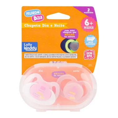 Chupeta Lolly Mundo Bita Silicone Dia e Noite Tamanho 2 6+ Meses Brilha no Escuro Rosa 2 Unidades