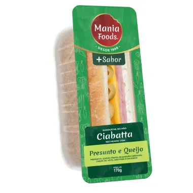 Sandu&iacute;che Mania Foods P&atilde;o Ciabatta Presunto e Queijo 170g