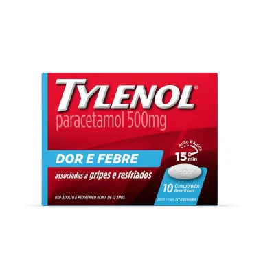 Tylenol 500mg Dor e Febre com 10 Comprimidos Revestidos