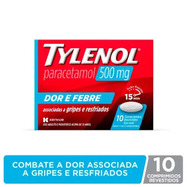 Tylenol 500mg Dor e Febre com 10 Comprimidos Revestidos