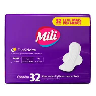 Absorvente Mili Dia e Noite Cobertura Suave com Abas 32 Unidades