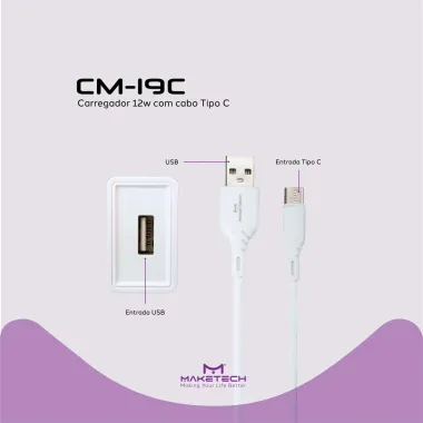 Carregador de Parede com Cabo Tipo C Maketech CM-19 Branco 2,4A 1 Metro