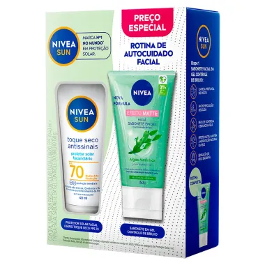 Kit Protetor Solar Nivea Sun Toque Seco Antissinais FPS 70 40ml e Sabonete em Gel Facial Nivea Efeito Matte 150g