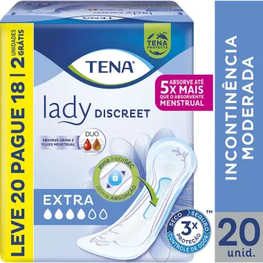 Absorvente Tena Lady Discreet Extra Sem Abas para Incontinência Urinária e Fluxo Menstrual 20 Unidades