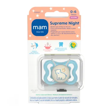 Chupeta Mam Supreme Night Silicone de 0 a 6 Meses Azul Brilha no Escuro Desenho Sortido 1 Unidade