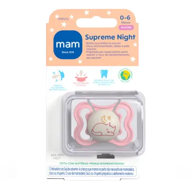 Chupeta Mam Supreme Night Silicone de 0 a 6 Meses Rosa Brilha no Escuro Desenho Sortido 1 Unidade