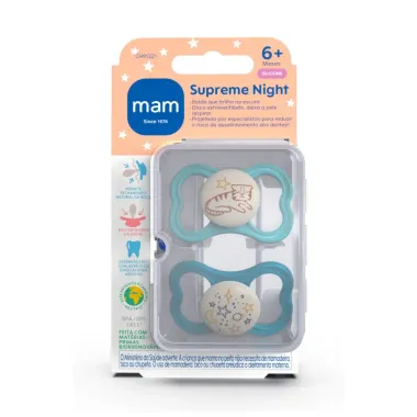 Chupeta Mam Supreme Night 16+ Mese Silicone cor Cinza e Verde com 2 Unidades