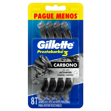 Aparelho de Barbear Descartável Gillette Prestobarba3 Carbono Carvão Ativado 8 Unidades