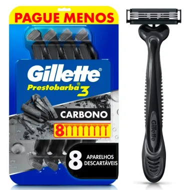 Aparelho de Barbear Descart&aacute;vel Gillette Prestobarba3 Carbono Carv&atilde;o Ativado 8 Unidades