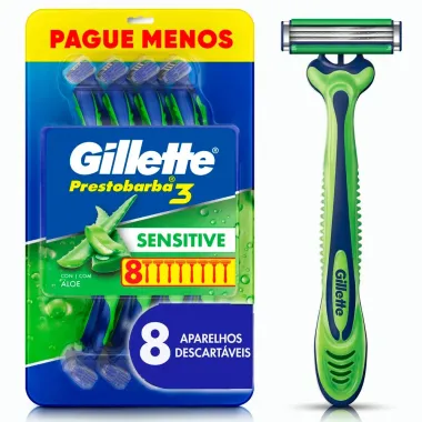 Aparelho de Barbear Gillette Prestobarba3 Sensitive Leve 8 Pague 6 Unidades