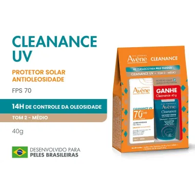 Protetor Solar Av&egrave;ne Cleanance UV FPS70 Antioleosidade Tom 2 M&eacute;dio 40g e Ganhe Gel de Limpeza Cleanance 40g