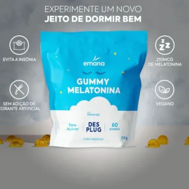 Gummy Melatonina Emana Desplug Sabor Maracujá Zero Açúcar com 60 Gomas