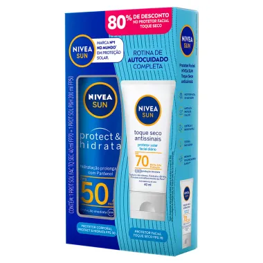 Kit Protetor Solar Nivea Sun Protect e Hidrata FPS 50 200ml e Ganhe 80% de Desconto no Protetor Solar Antissinais FPS 70 40ml