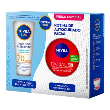 Kit Protetor Solar Nivea Sun Toque Seco Antissinais FPS 70 40ml e Creme Facial Nivea Antissinais 100g