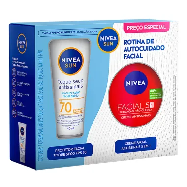 Kit Protetor Solar Nivea Sun Toque Seco Antissinais FPS 70 40ml e Creme Facial Nivea Antissinais 100g