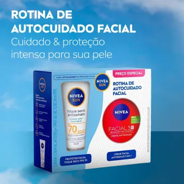 Kit Protetor Solar Nivea Sun Toque Seco Antissinais FPS 70 40ml e Creme Facial Nivea Antissinais 100g