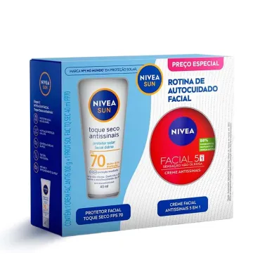 Kit Protetor Solar Nivea Sun Toque Seco Antissinais FPS 70 40ml e Creme Facial Nivea Antissinais 100g