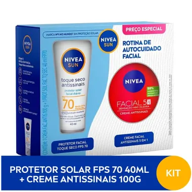 Kit Protetor Solar Nivea Sun Toque Seco Antissinais FPS 70 40ml e Creme Facial Nivea Antissinais 100g