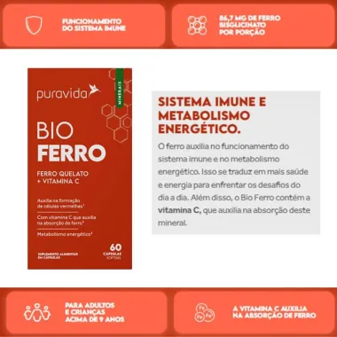 Bio Ferro Puravida Ferro Quelato + Vitamina C Com 60 Capsulas Softgel