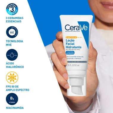 CeraVe Lo&ccedil;&atilde;o Facial Hidratante AM FPS 50 Ultraleve Pele Normal a Seca 52ml