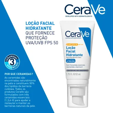 CeraVe Lo&ccedil;&atilde;o Facial Hidratante AM FPS 50 Ultraleve Pele Normal a Seca 52ml