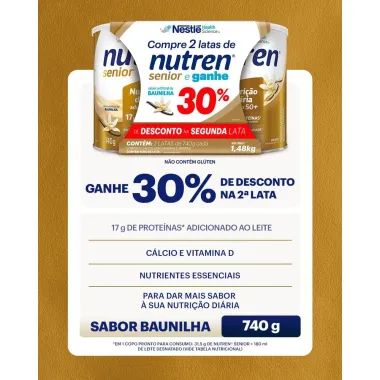 Nutren Senior Baunilha Complemento Alimentar 2 Latas 740g cada e Ganhe 30% de Desconto na 2&ordm; Lata
