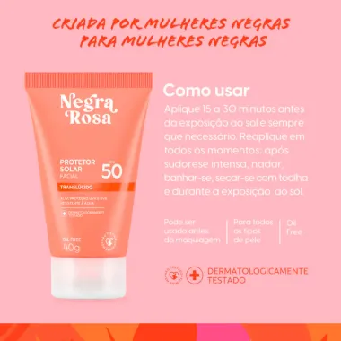 Protetor Solar Facial Negra Rosa Translúcido FPS 50 Oil Free 40g
