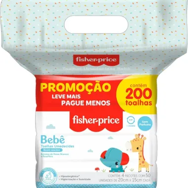 Toalha Umedecida Fisher Price sem Perfume 4 Pacotes com 50 Unidades