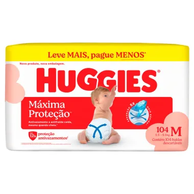 Fralda Huggies M&aacute;xima Prote&ccedil;&atilde;o Tamanho M 104 Unidades Descart&aacute;veis Leve Mais Por Menos