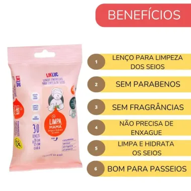 Lenço Umedecidos para Limpeza de Seios Likluc Limpa Mama com 30 Unidades
