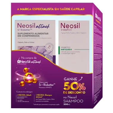 Kit Neosil Attack com 60 Comprimidos Revestidos e Ganhe 50% de Desconto no Neosil Shampoo Antiqueda 200ml