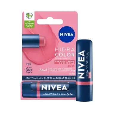 Hidratante Labial Nivea Hidra Color FPS 30 Ros&eacute; 4,8g