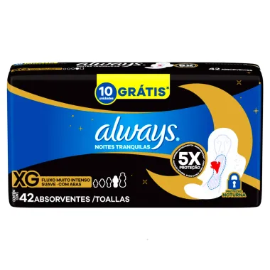 Absorvente Always Noites Tranquilas Suave XG com Abas 42 Unidades Grátis 10 Unidades