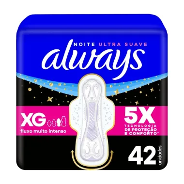 Absorvente Always Noites Tranquilas Suave XG com Abas 42 Unidades
