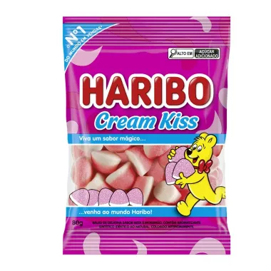 Balas de Gelatina Haribo Cream Kiss Sabor Nata e Morango 80g