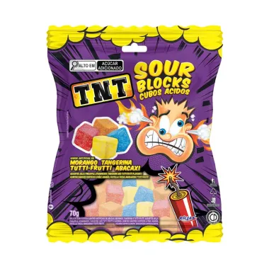 Bala de Goma TNT Sour Blocks Cubos Ácidos Morango, Tangerina, Tutti-Frutti e Abacaxi 70g