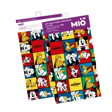 Kit Saco para Presente Mió Disney Mickey e Amigos Médio com 1 Laço Pronto e 1 Cartão