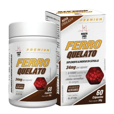 Ferro Quelato 34mcg Health Labs Premium 60 C&aacute;psulas
