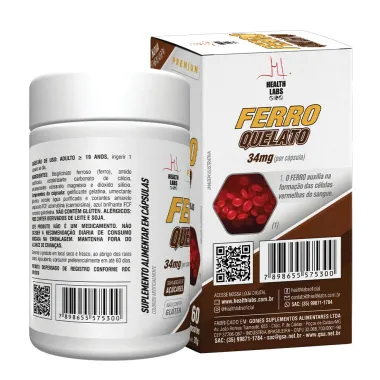 Ferro Quelato 34mcg Health Labs Premium 60 C&aacute;psulas