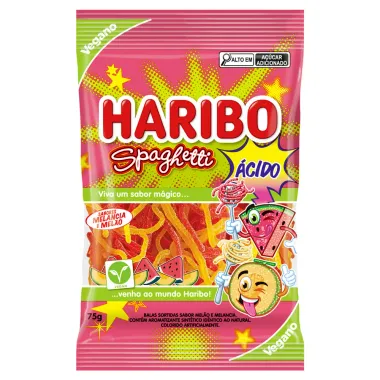 Bala Haribo Spaghetti Ácida Sabor Melão e Melancia Sortida 75g