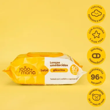 Len&ccedil;o Umedecido Jo&atilde;o e Maria Beb&ecirc; Glicerina 90 Unidades