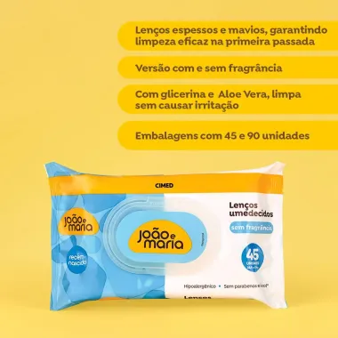 Len&ccedil;os Umedecidos Cimed Jo&atilde;o e Maria Sem Fragr&acirc;ncia 45 Unidades