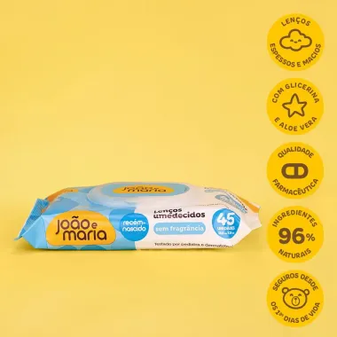 Len&ccedil;os Umedecidos Cimed Jo&atilde;o e Maria Sem Fragr&acirc;ncia 45 Unidades