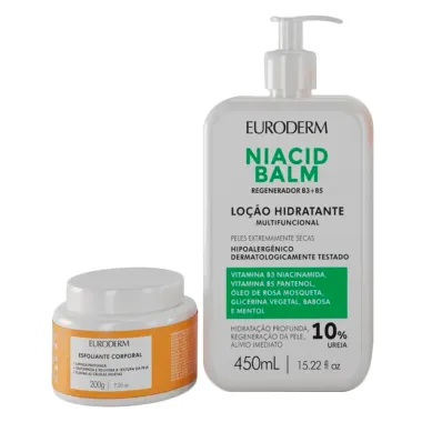 Kit Euroderm Loção Hidratante Multifuncional Niacid Balm 10% Ureia 450ml e Ganhe 70% de Desconto no Esfoliante Corporal 200g